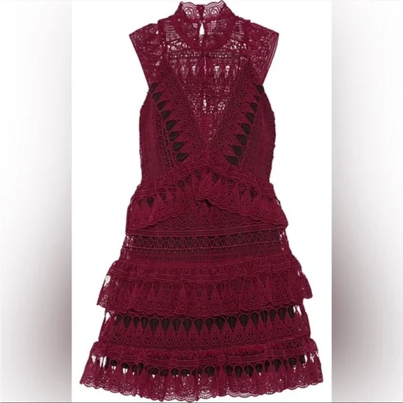 Self Portrait Teardrop Guipure Lace Dress Burgundy - Picture 3 of 10